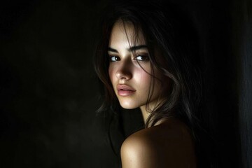 Naklejka premium A portrait of a woman with soft lighting and an intimate expression.
