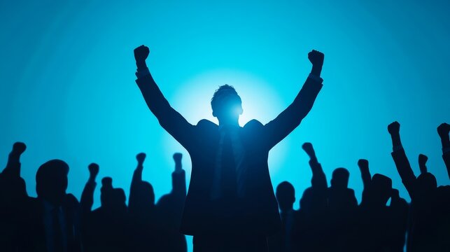 success celebration silhouette, dramatic back lighting, audience silhouettes foreground, cool blue ambiance, energetic victory stance, event crowd perspective, emotional achievement moment