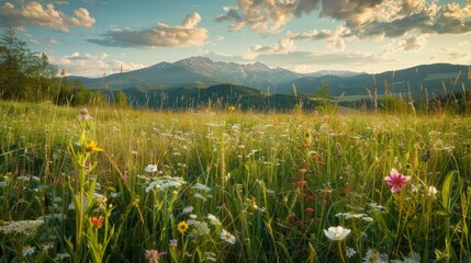 High-end photography of a peaceful meadow filled with wildflowers and a distant mountain range