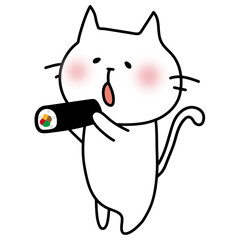 節分で恵方巻を食べる白い猫