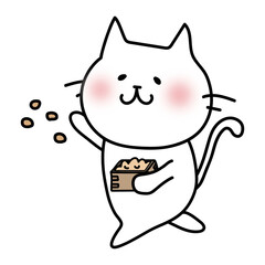 節分の豆まきをする白い猫