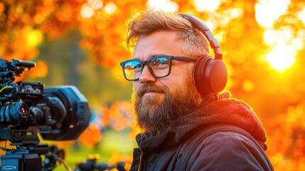 Fototapeta premium Caucasian young man filmmaker with beard wearing headphones outdoors at sunset