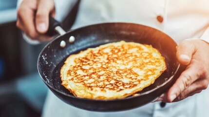Close-up of a pancake in a frying pan held by a caucasian adult man in a chef's attire