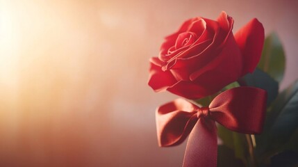 Fototapeta premium Single Red Rose with a Red Ribbon Bow