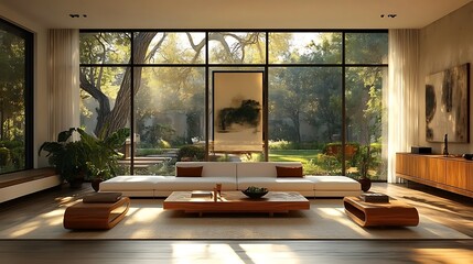 Fototapeta premium A bright mid-century living room with large glass walls opening to a garden, showcasing a clean white sofa, light oak coffee table, and leafy green plants, accented by soft sunlight streaming in,