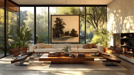 Fototapeta premium A bright mid-century living room with large glass walls opening to a garden, showcasing a clean white sofa, light oak coffee table, and leafy green plants, accented by soft sunlight streaming in,