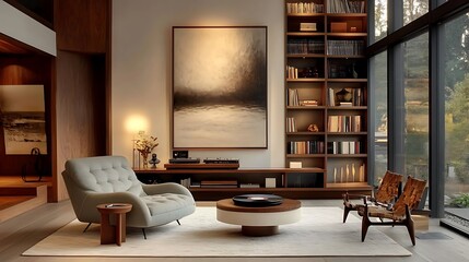 A charming mid-century modern corner with a plush armchair in teal, paired with a round wooden side table, a vintage record player on a console, and floor-to-ceiling bookshelves,