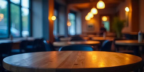 Obraz premium Empty wooden table in a dimly lit restaurant