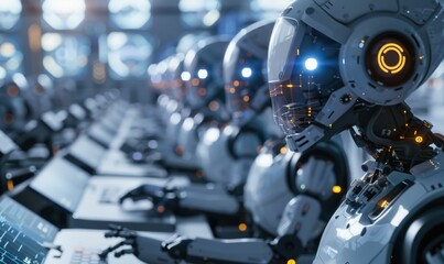 Fototapeta premium A row of humanoid robots working at computer stations in a futuristic setting.