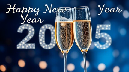Happy New Year - Sparkling Champagne Glasses and Glitter on Blue Bokeh Background