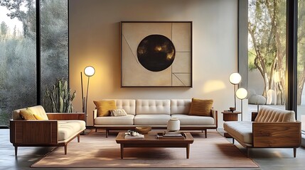 Fototapeta premium A cozy mid-century living room with pastel furniture, including a light lavender sofa and a pale yellow armchair, complemented by a blush pink rug and geometric art on the walls,