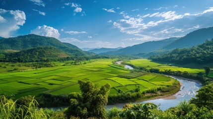 High-end photography of a picturesque valley with a river and lush green fields under a blue sky