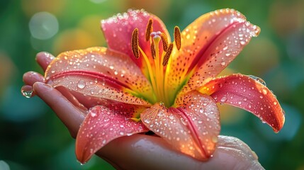 Vibrant dew-kissed orange lily in hand against lush greenery