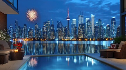 Naklejka premium Vibrant canada day celebration with fireworks over toronto skyline