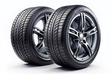 Black Alloy Wheels, Car Tires, Isolated on White, Automotive Photography, High-Resolution Image