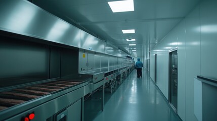 Fototapeta premium Modern industrial kitchen with conveyor belt and stainless steel equipment