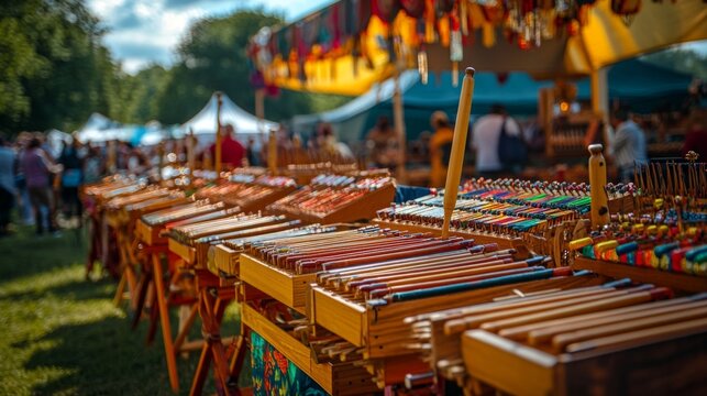 A vibrant outdoor market showcasing colorful handcrafted musical instruments. The lively atmosphere attracts music lovers and curious visitors. Generative AI