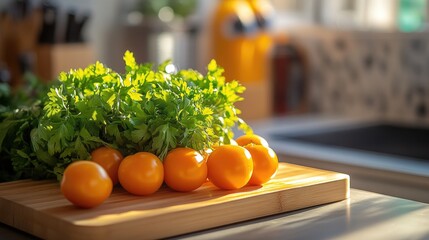 Fresh yellow tomatoes and parsley on cutting board in sunlit kitchen