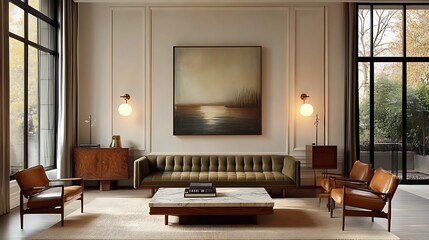 A dramatic mid-century modern interior accented with art deco elements, including geometric brass lighting fixtures, a rich emerald green sofa, and a marble-top coffee table,