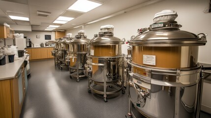 Industrial brewery stainless steel fermentation tanks in modern facility