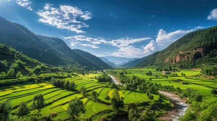 Obraz premium High-end photography of a picturesque valley with a river and lush green fields under a bright blue sky