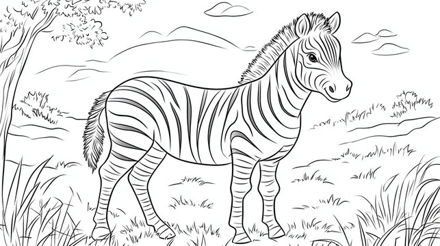 A black and white line drawing of a zebra standing in a grassy field.