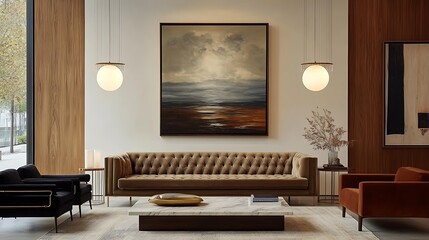 A luxurious living room combining mid-century modern and art deco aesthetics, with a tufted velvet sofa, brass-trimmed furniture, and a sleek marble coffee table,