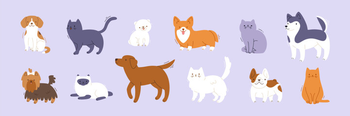 Cute pets collection. Vector flat cats and dogs set. Cartoon pets bundle.