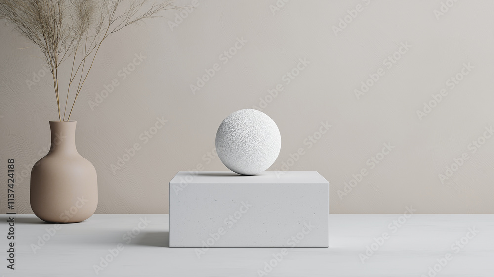 Aufkleber minimalist display featuring textured white egg on square pedestal, complemented by beige vase and dried grass, creating serene and modern aesthetic