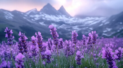 Fototapeta premium Lavender field blooming at sunset with majestic snow-capped mountains in background