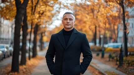 Obraz premium Confident businessman standing in autumn park with golden leaves