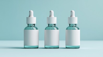 Three transparent dropper bottles with blank white labels on a pastel blue background