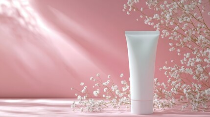 White cream tube placed on a pastel pink background, framed by delicate gypsophila branches