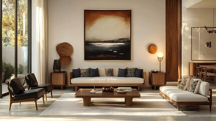 A mid-century inspired living room with art deco influences, featuring brass inlay furniture, geometric-patterned throw pillows, and a statement mirror with intricate gold framing,