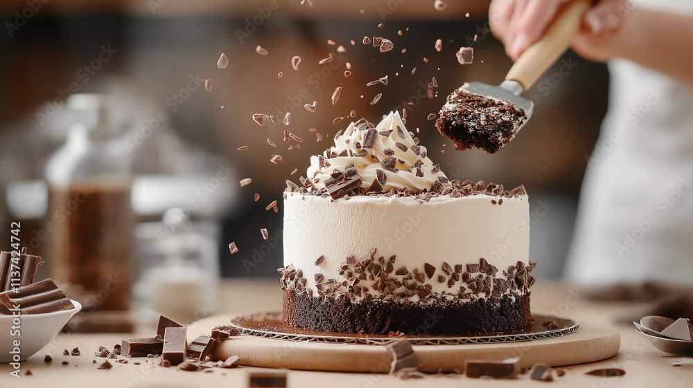 Poster chocolate cake being decorated with chocolate shavings in cozy kitchen, creating delightful and invi