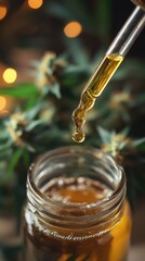 Dripping cbd oil into jar with pipette and cannabis plant background