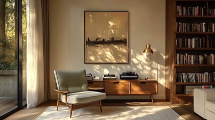 A mid-century inspired reading nook with a sleek green armchair, walnut shelving stacked with books and decor, and a record player on a vintage sideboard,