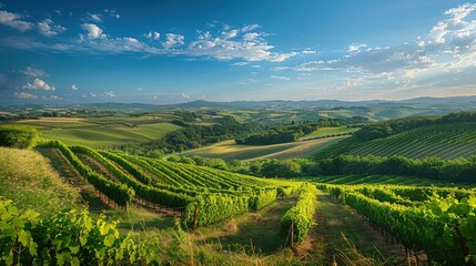 Fototapeta premium High-end photography of a picturesque vineyard in a rolling countryside with a bright blue sky