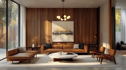 Fototapeta premium A mid-century modern living room featuring a dramatic Sputnik chandelier as the centerpiece, sleek leather furniture, and a round marble coffee table, bathed in warm, ambient light,