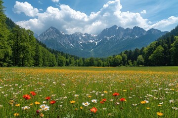 Fototapeta premium Blooming meadow with colorful wildflowers and majestic mountain range in the background