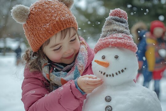 Smiling girl building a snowman in a snowy forest - Powered by Adobe