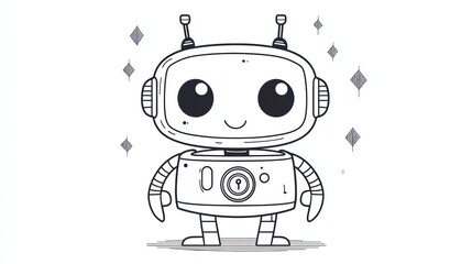 Fototapeta premium A black and white line drawing of a cute robot with big eyes.