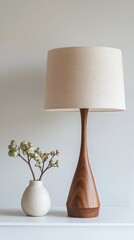 Modern wooden table lamp illuminating contemporary interior design with decorative vase and dried flowers