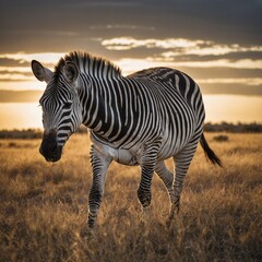 A zebra grazing in a sunlit savanna, under a dazzling white sky.