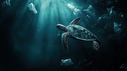 Fototapeta premium Sea turtle swimming amidst ocean pollution with plastic waste