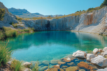 Serene turquoise lake surrounded by rocky cliffs under a clear blue sky