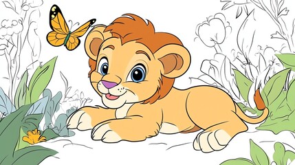 A cute baby lion cub with a butterfly near it, ready for coloring.