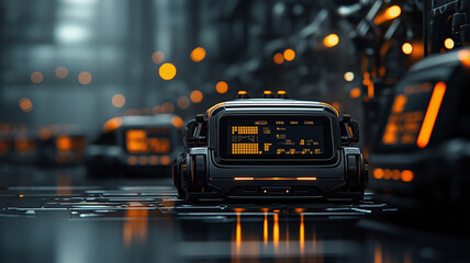 futuristic logistics hub featuring autonomous vehicles with advanced technology and glowing interfaces, creating high tech atmosphere