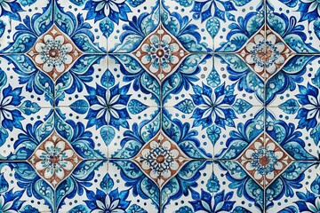 Blue Tile Watercolor Ornament Seamless Pattern, Low Light Hand Drawn Background, Surface Texture Design