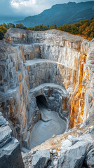 Natural stone quarry with steep cliffs and rugged terrain surrounded by mountains